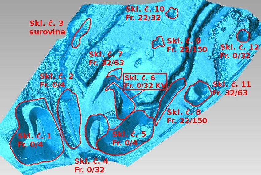 3D model s vyznačením hranic oblastí zájmu pro výpočet objemů