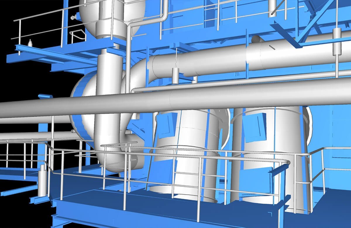 Detail 3D modelu kotle a technologií v Teplárně Otrokovice